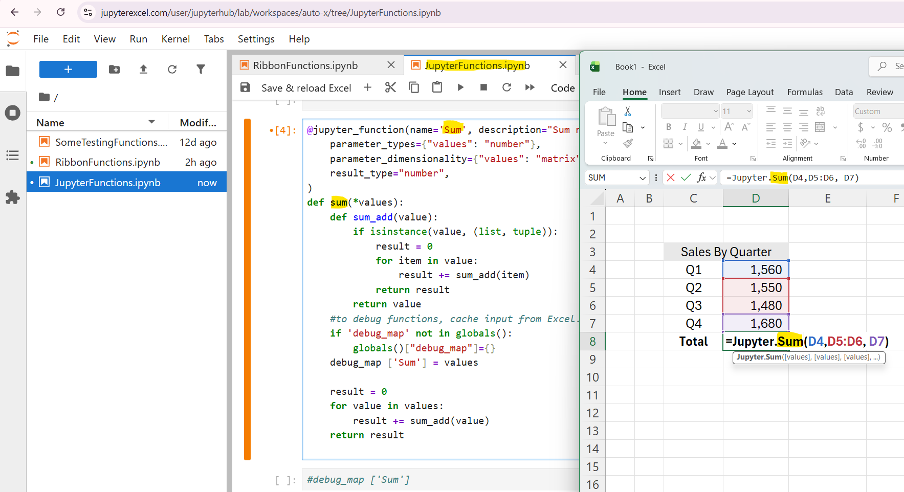 A Python Sum function in JupyterLab alongside the corresponding formula in Excel.