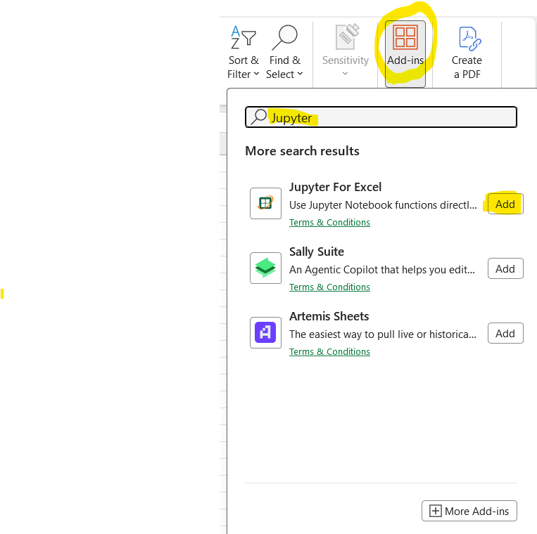 Add Jupyter For Excel add-in from Microsoft Store