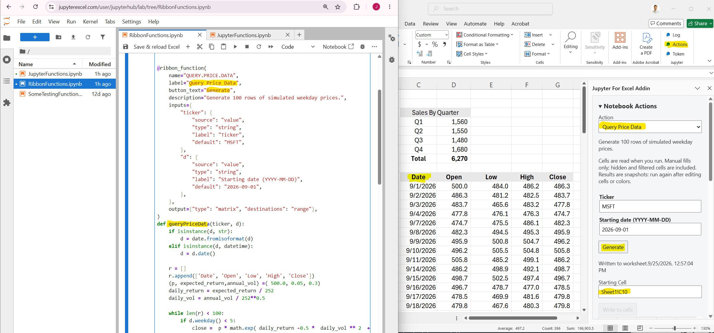 The Query Price Data action in Excel with its Python notebook and generated price table.