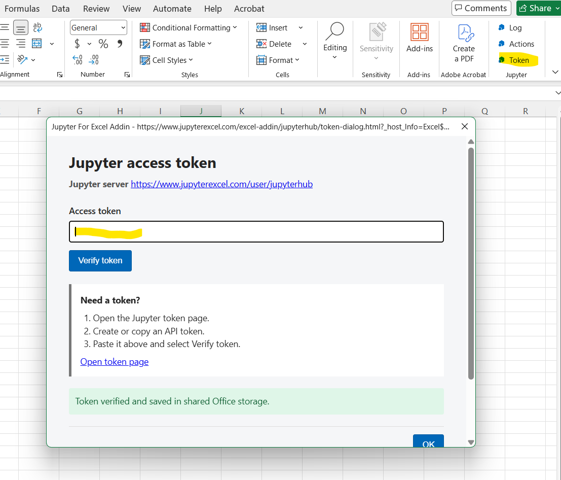 The Jupyter access token dialog in Excel